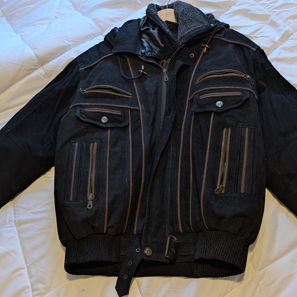 Vintage Oscar Leopold Men's Black and Brown Jacket Size L
